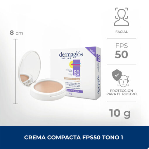Protector Solar Facial Compacto Dermaglós  FPS 50 Tono 1 X 10 Gr - Imagen 2