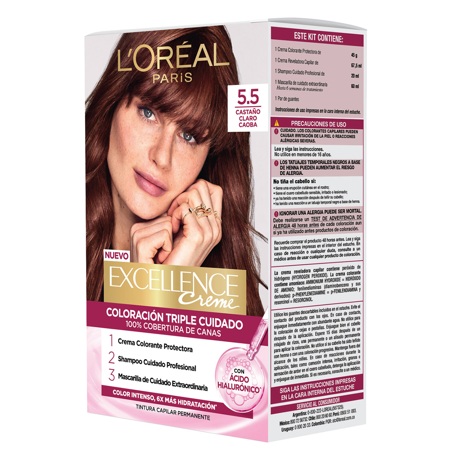 Tintura Permanente en Kit Loreal Paris Excellence 5.5 Castaño Claro Caoba X 1 U - Imagen 6