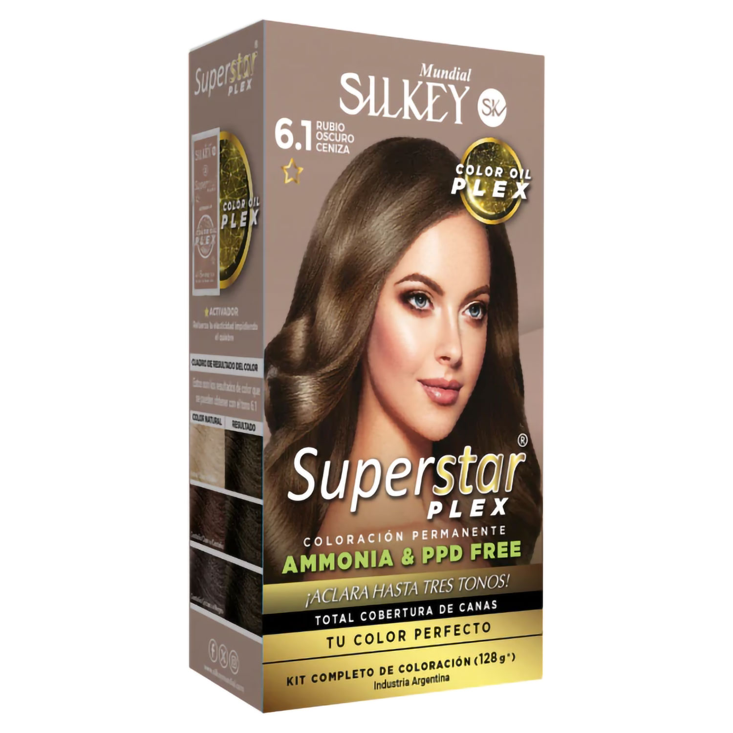 Tintura Permanente En Kit Silkey Superstar Plex 6,1 Rubio Oscuro Ceniza X 1 U